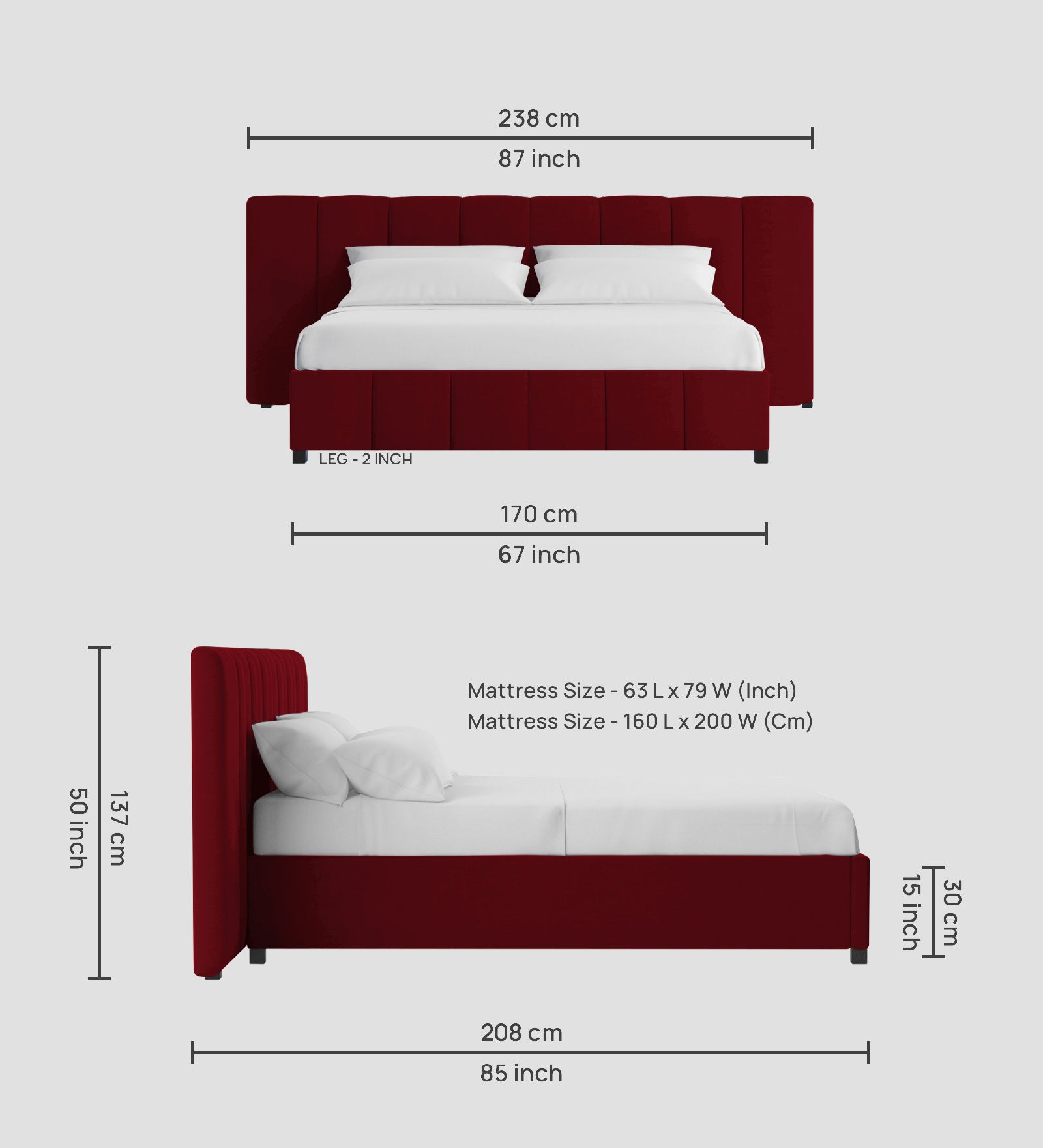 Nora Fabric Queen Size Bed In Ruby Red Colour With Box Storage