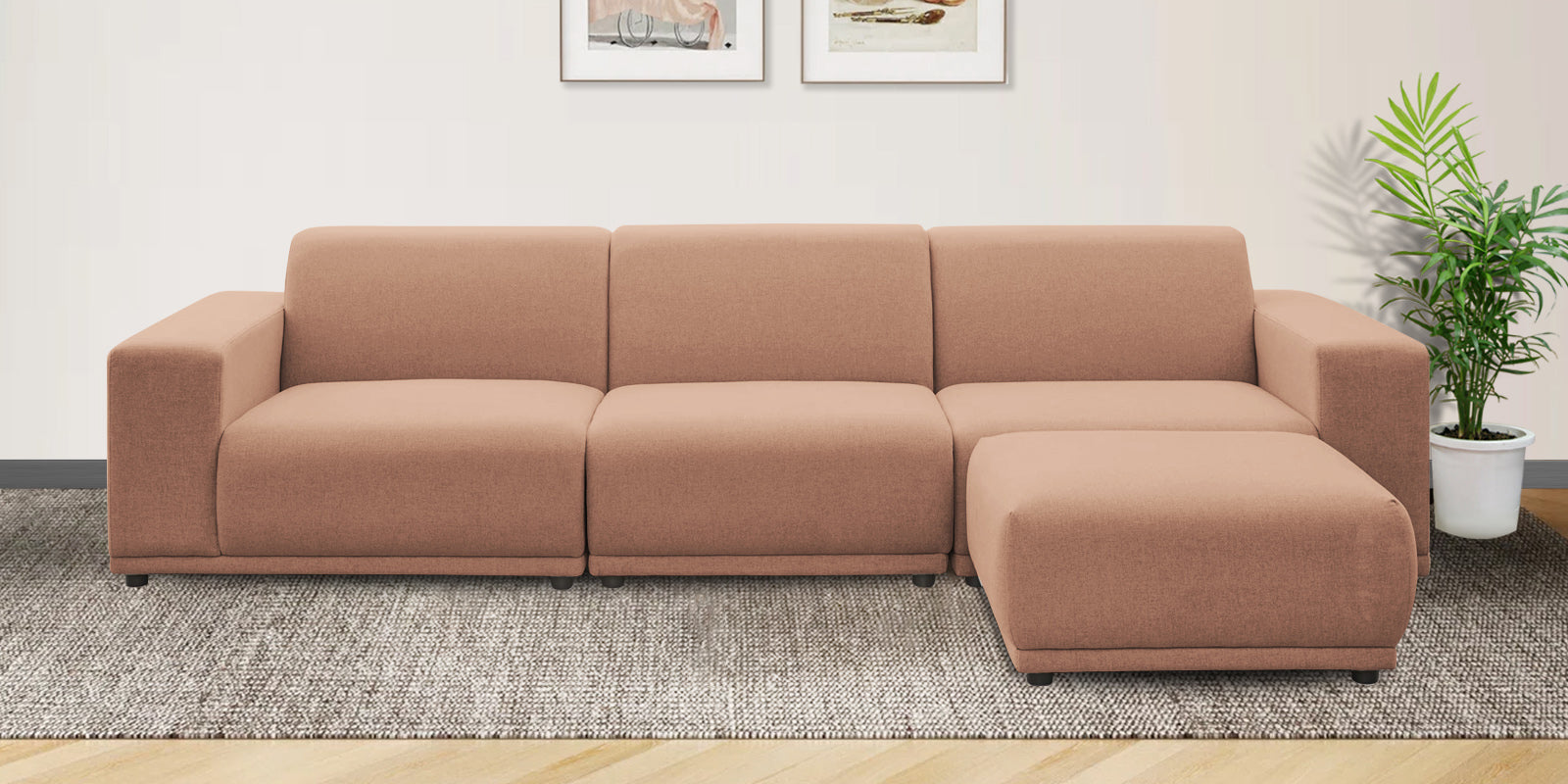 Adam Fabric RHS Sectional Sofa (3+Ottoman Lounger) In Cosmic Beige Colour - Febonic Living