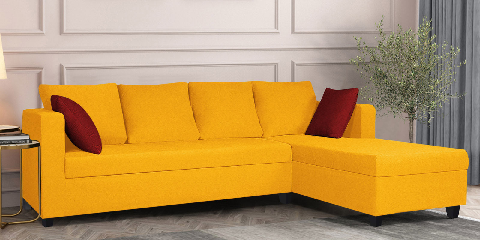 Nebula Fabric LHS Sectional Sofa (3+Lounger) In Bold Yellow Colour - Febonic Living