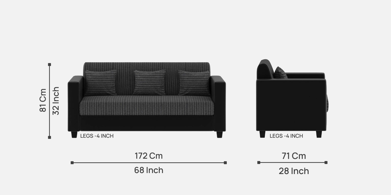 Baley Fabric 3 Seater Sofa In Lama Black Colour - Febonic Living
