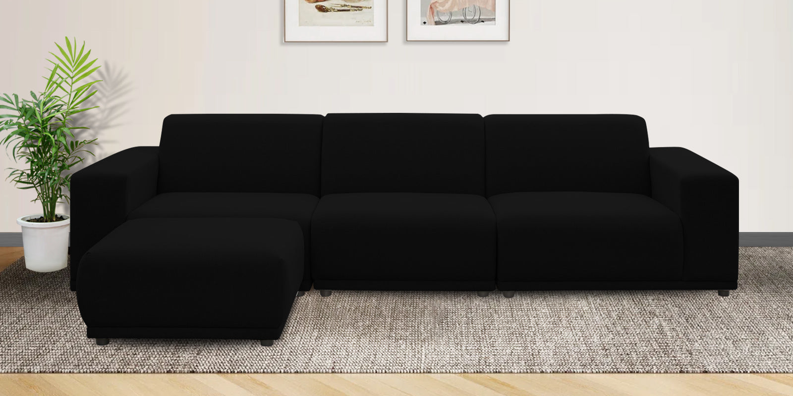 Adam Fabric LHS Sectional Sofa (3+Ottoman Lounger) In Zed Black Colour - Febonic Living
