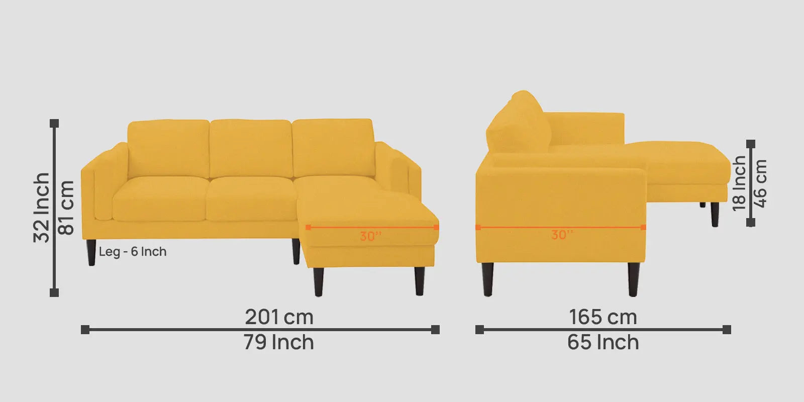 Creata Fabric LHS Sectional Sofa (2+Lounger) In Bold Yellow Colour Febonic Living