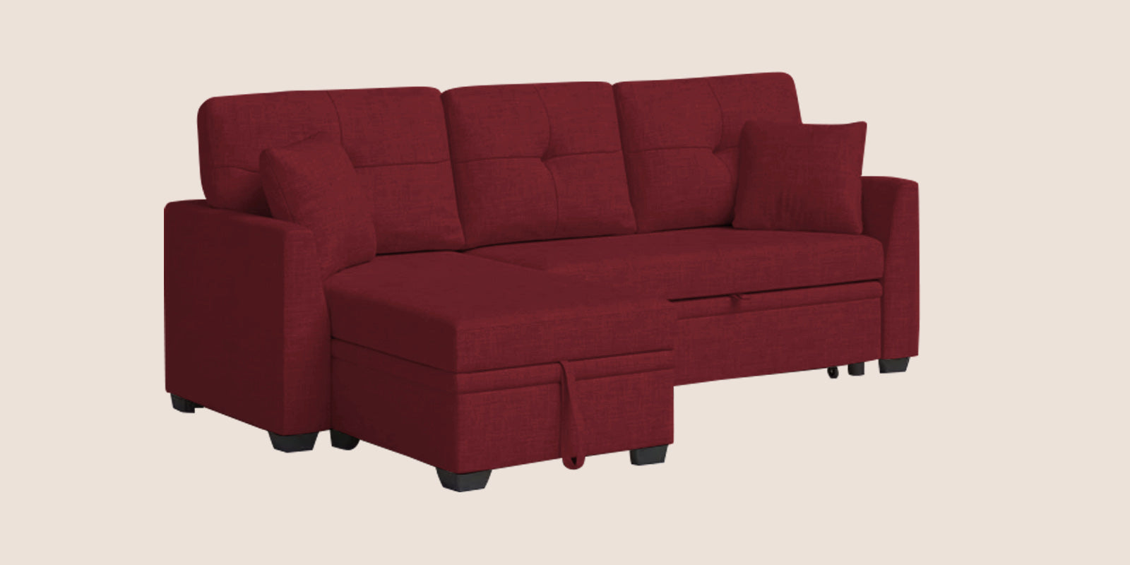 Jody Fabric 3 Seater Pull Out Sofa Cum Bed In Blood Maroon Colour With Storage - Febonic Living