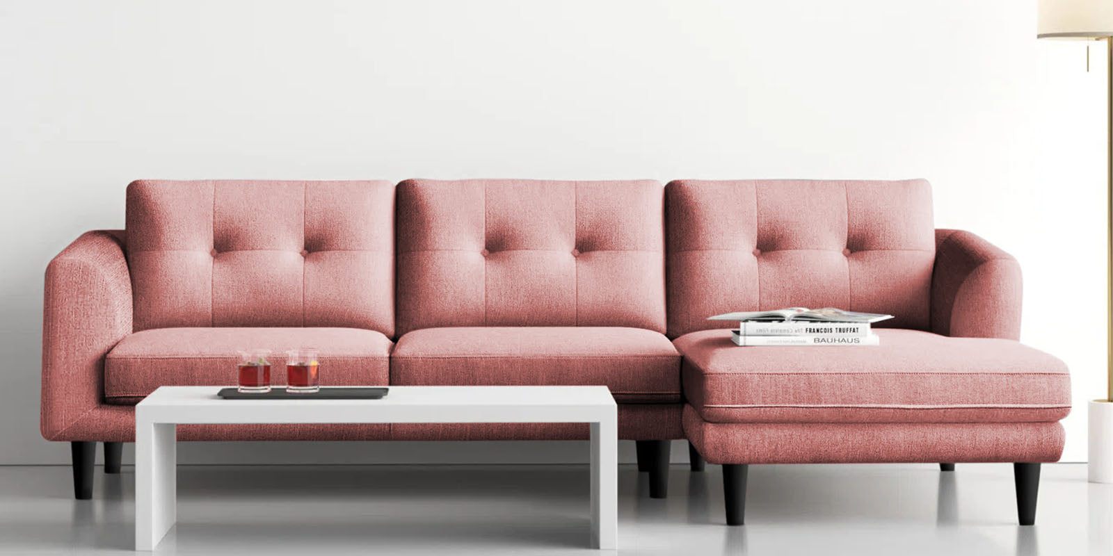 Natasha Velvet LHS Sectional Sofa (3+Lounger) In Millennial Pink Colour - Febonic Living