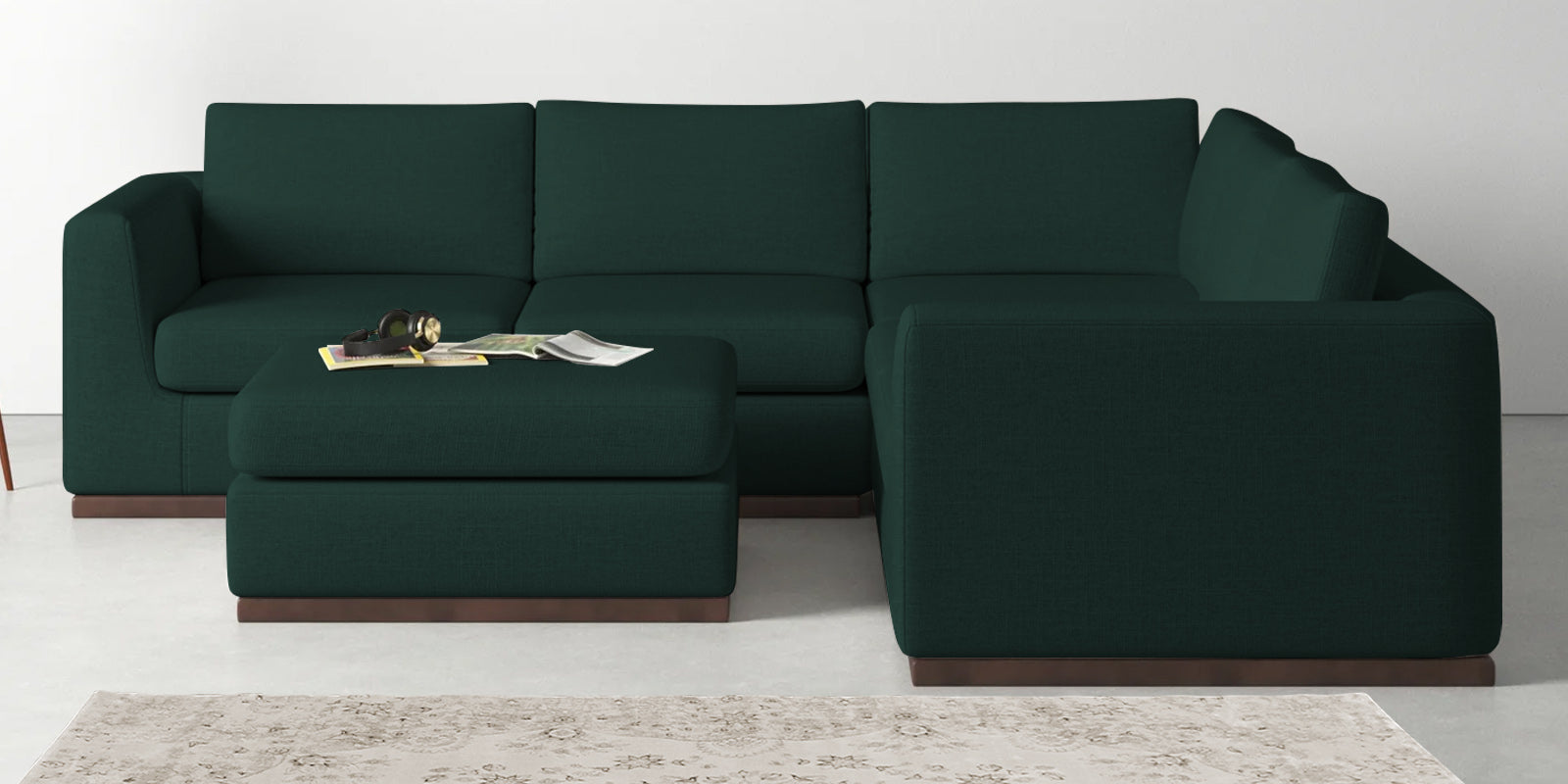 Freedom Velvet 6 Seater RHS Corner Sofa In Forest Green Colour With Ottoman - Febonic Living