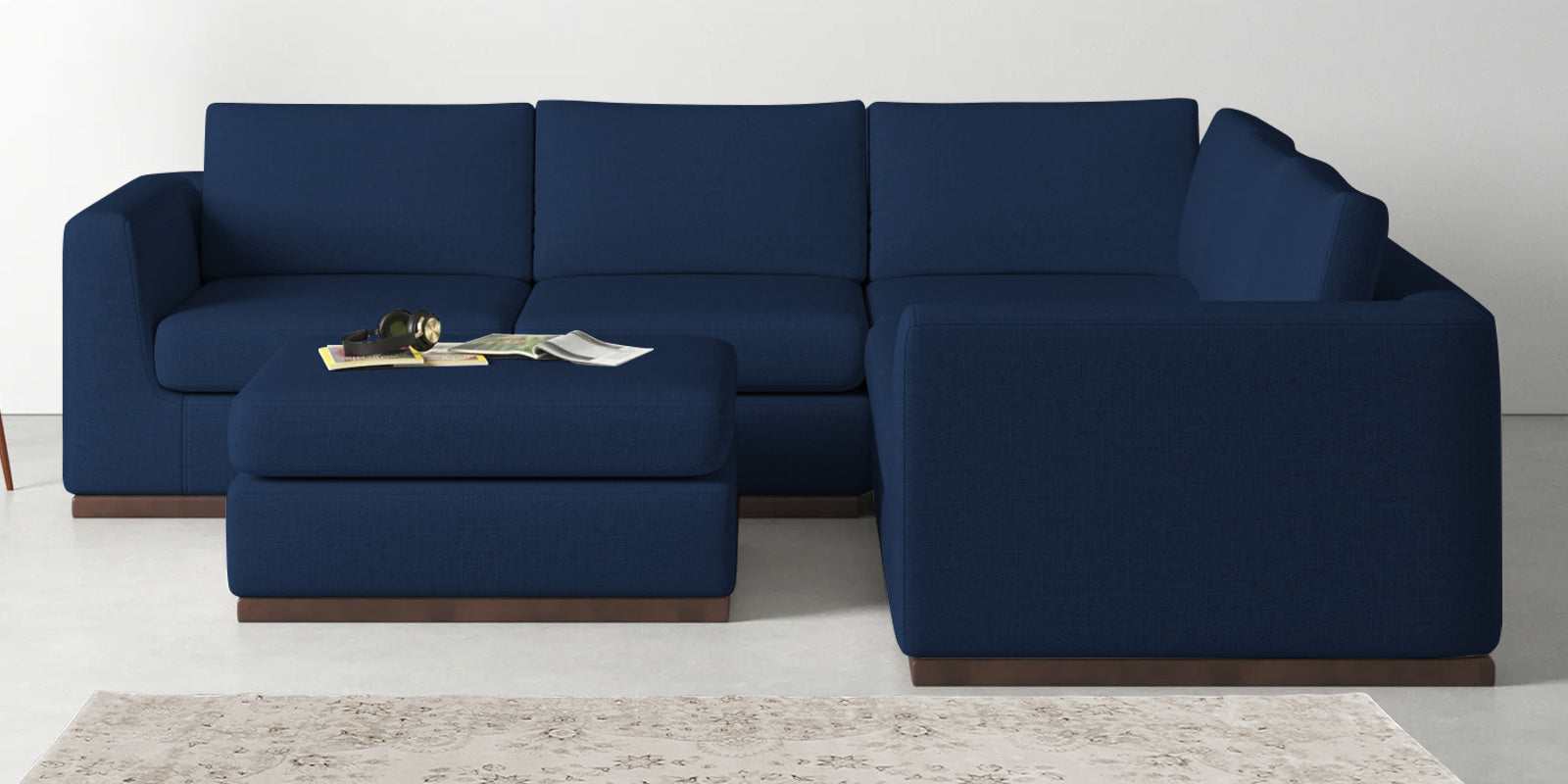 Freedom Velvet 6 Seater RHS Corner Sofa In Imperial Blue Colour With Ottoman - Febonic Living