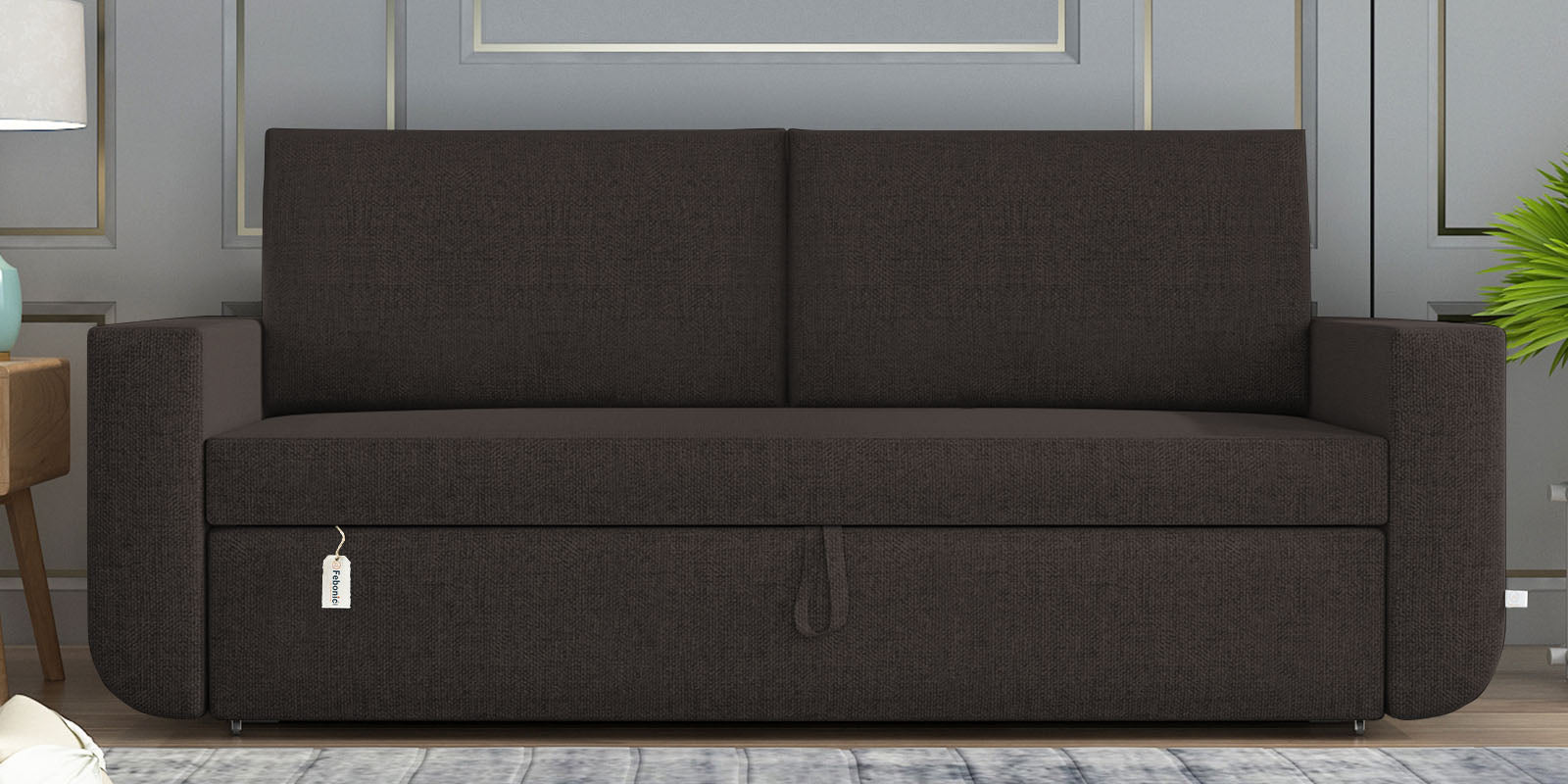 Grace Fabric 3 Seater Pull Out Sofa Cum Bed In Dark Brown Colour With Storage - Febonic Living
