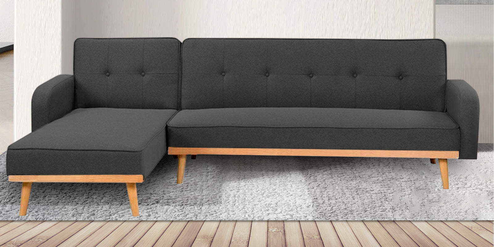 Zuno Fabric RHS Convertible Sofa Cum Bed In Charcoal Grey Colour - Febonic Living