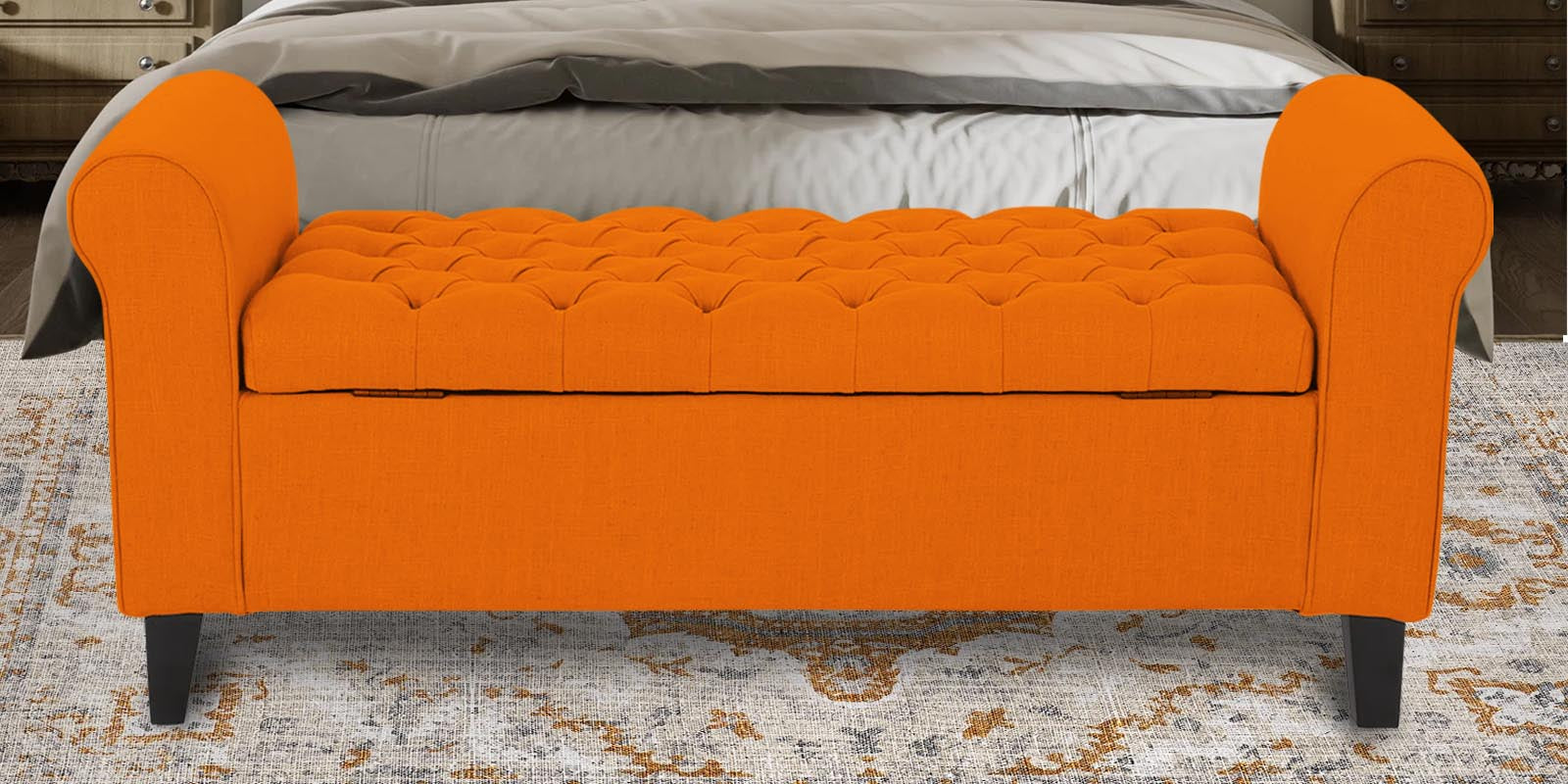 Nowia Fabric 3 Seater Recamier In Vivid Orange Colour With Storage - Febonic Living