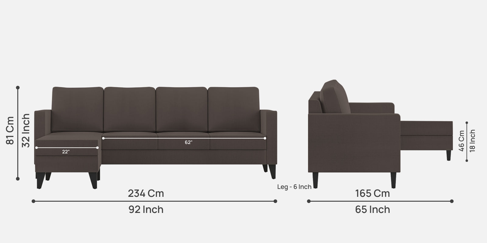 Nori Fabric RHS Sectional Sofa (3+Lounger) In Caspa Brown Colour - Febonic Living