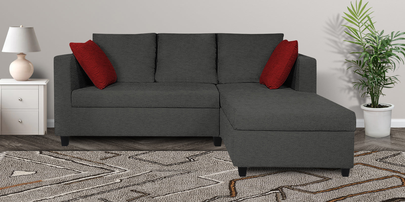Nebula Fabric LHS Sectional Sofa (2+Lounger) In Charcoal Grey Colour - Febonic Living
