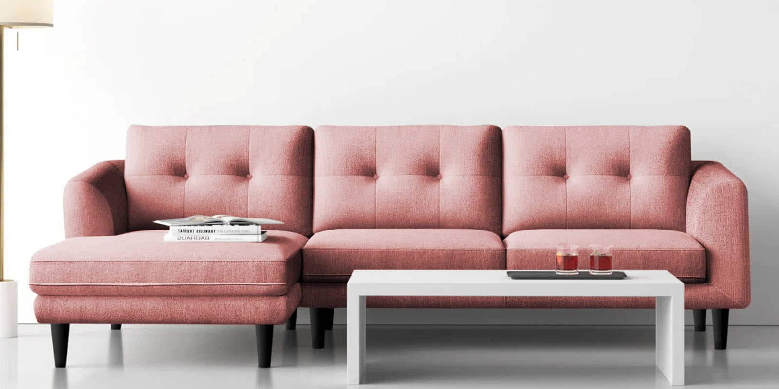 Natasha Velvet RHS Sectional Sofa (3+Lounger) In Millennial Pink Colour - Febonic Living