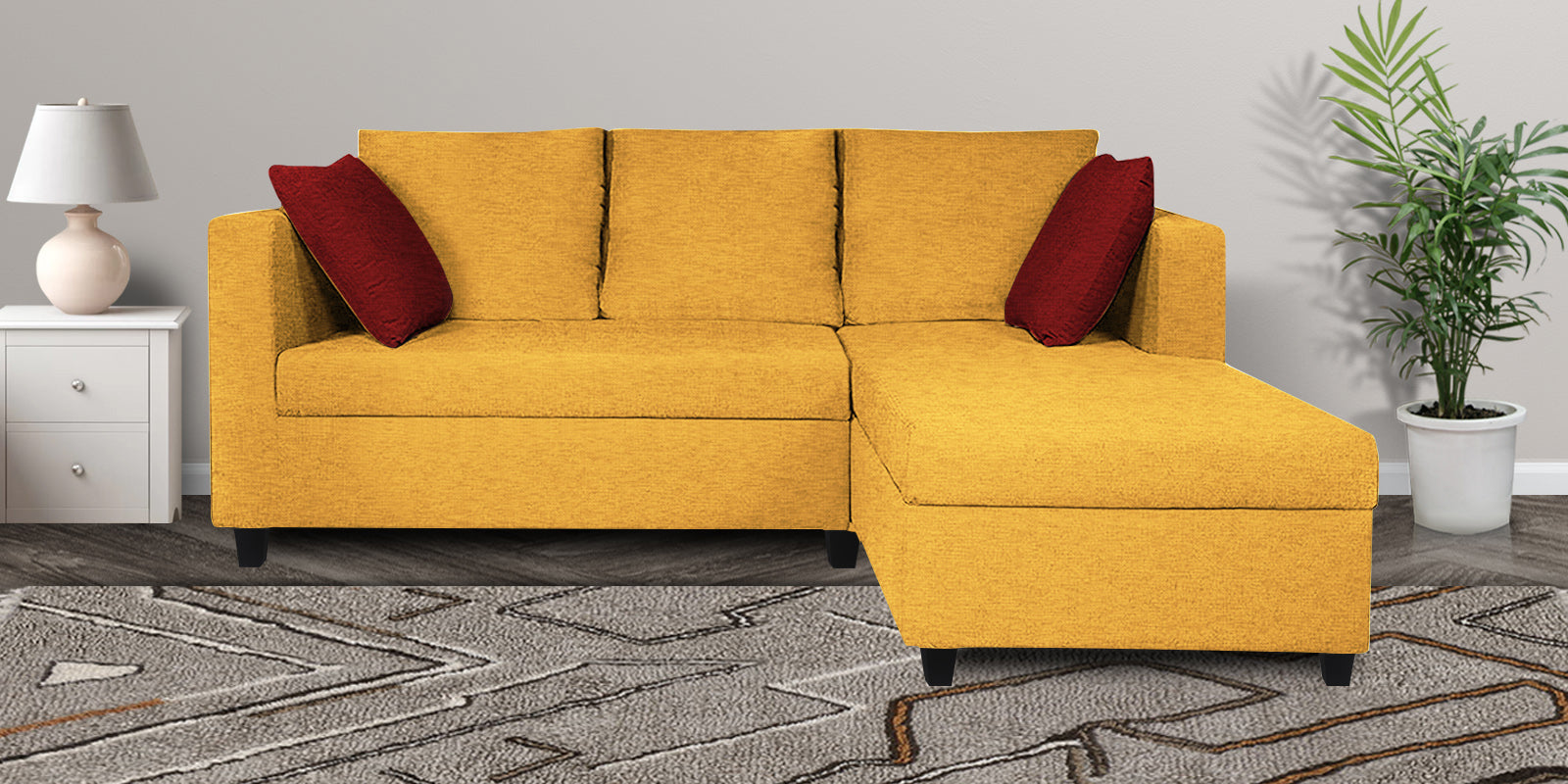 Nebula Fabric LHS Sectional Sofa (2+Lounger) In Bold Yellow Colour - Febonic Living