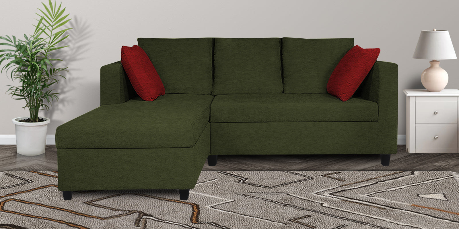 Nebula Fabric RHS Sectional Sofa (2+Lounger) In Olive Green Colour - Febonic Living