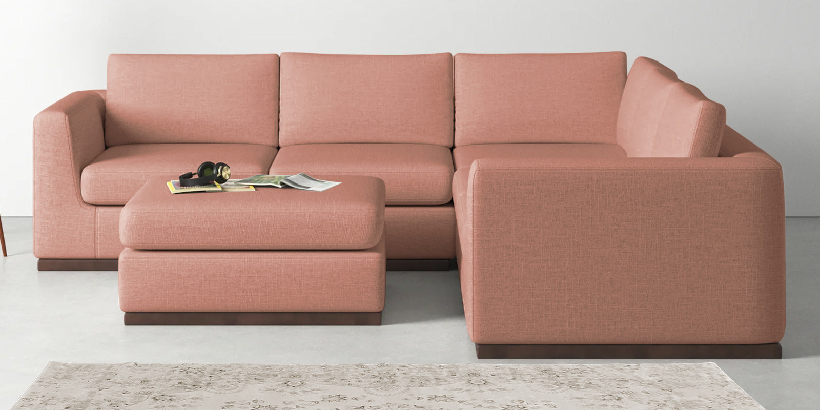 Freedom Velvet 6 Seater RHS Corner Sofa In Blush Pink Colour With Ottoman - Febonic Living