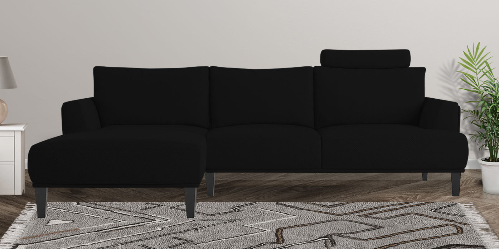 Como Fabric RHS Sectional Sofa (3+Lounger) In Zed Black Colour - Febonic Living