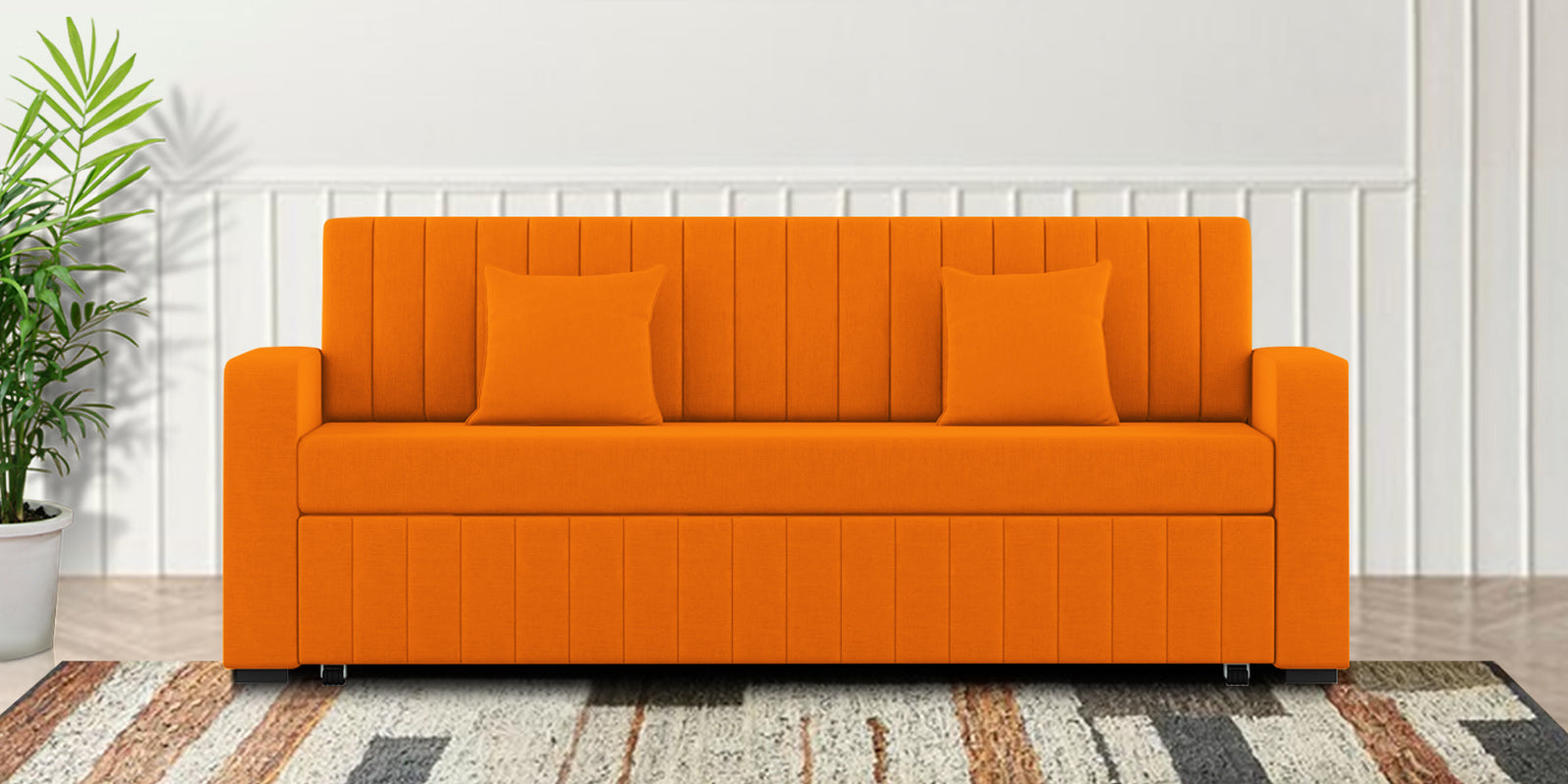 Calra Fabric 3 Seater Pull Out Sofa Cum Bed In Vivid Orange Colour With Storage - Febonic Living