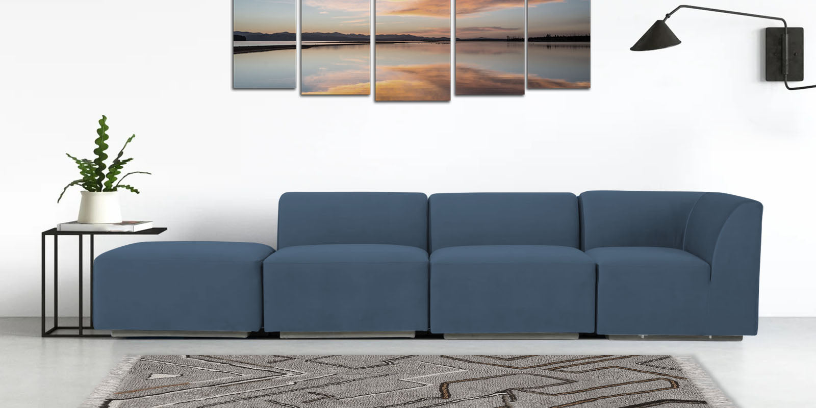 Bufa Velvet LHS Sectional Sofa In Oxford Blue Colour With Ottoman - Febonic Living