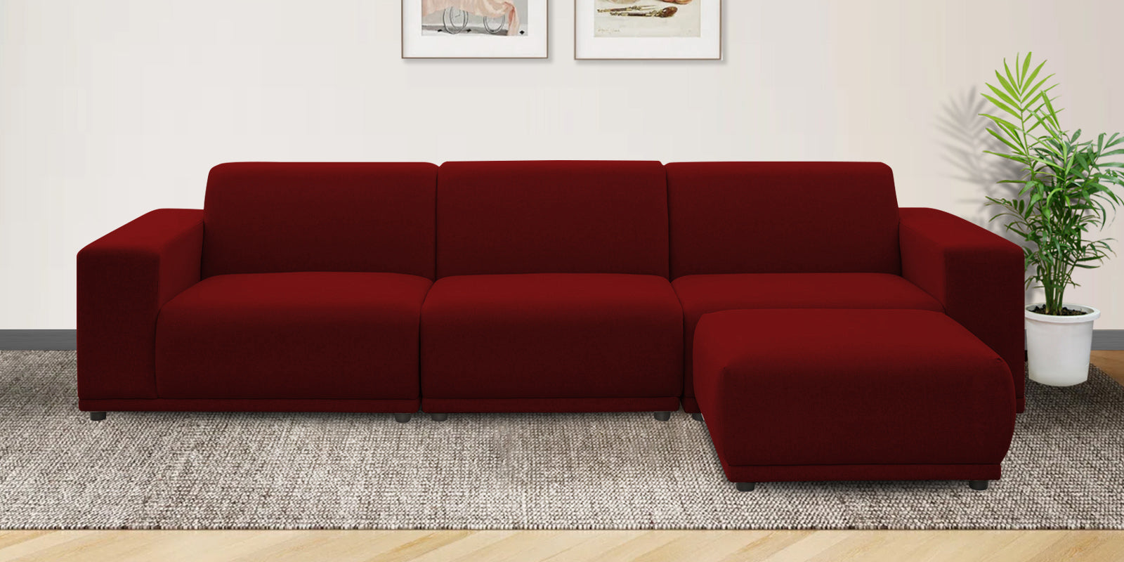 Adam Fabric RHS Sectional Sofa (3+Ottoman Lounger) In Blood Maroon Colour - Febonic Living