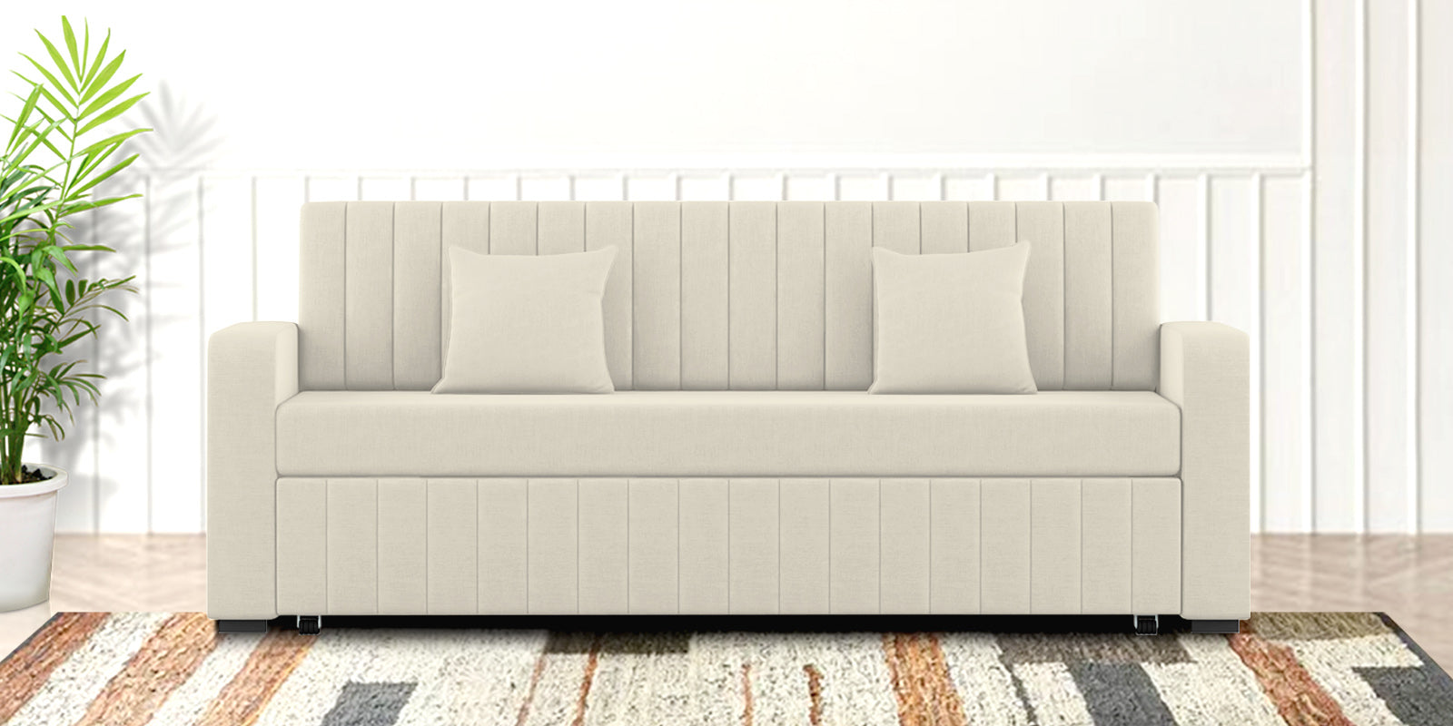 Calra Fabric 3 Seater Pull Out Sofa Cum Bed In Ivory Cream Colour With Storage - Febonic Living