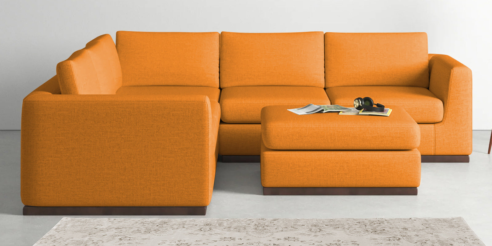 Freedom Velvet 6 Seater LHS Corner Sofa In Tangerine Orange Colour With Ottoman - Febonic Living