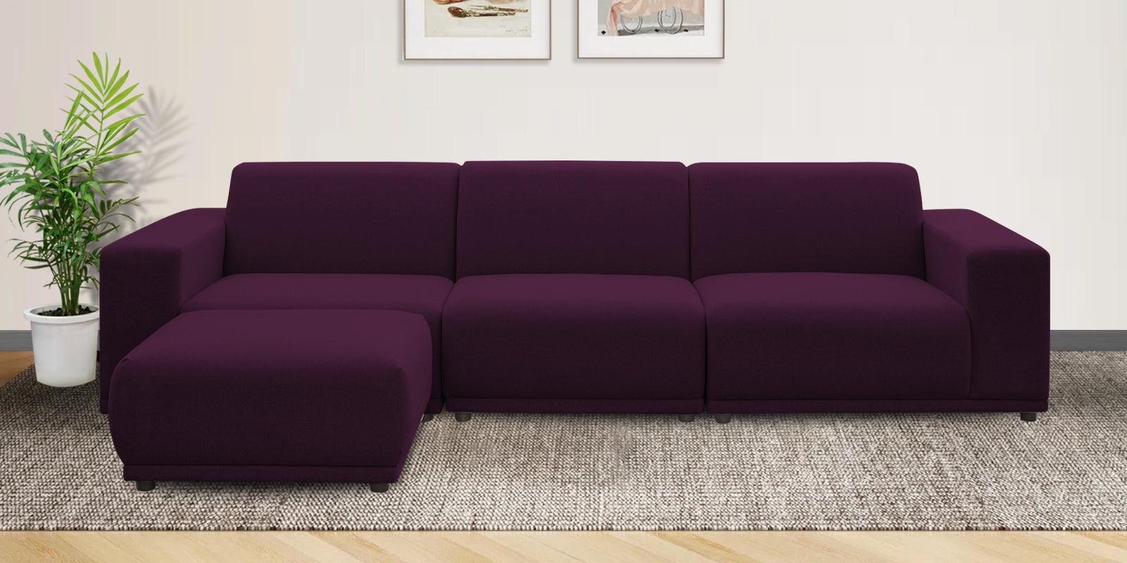 Adam Fabric LHS Sectional Sofa (3+Ottoman Lounger) In Greek Purple Colour - Febonic Living
