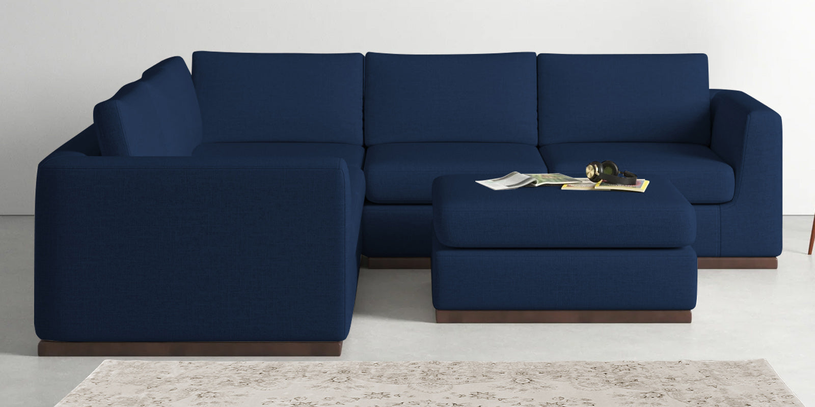Freedom Velvet 6 Seater LHS Corner Sofa In Imperial Blue Colour With Ottoman - Febonic Living