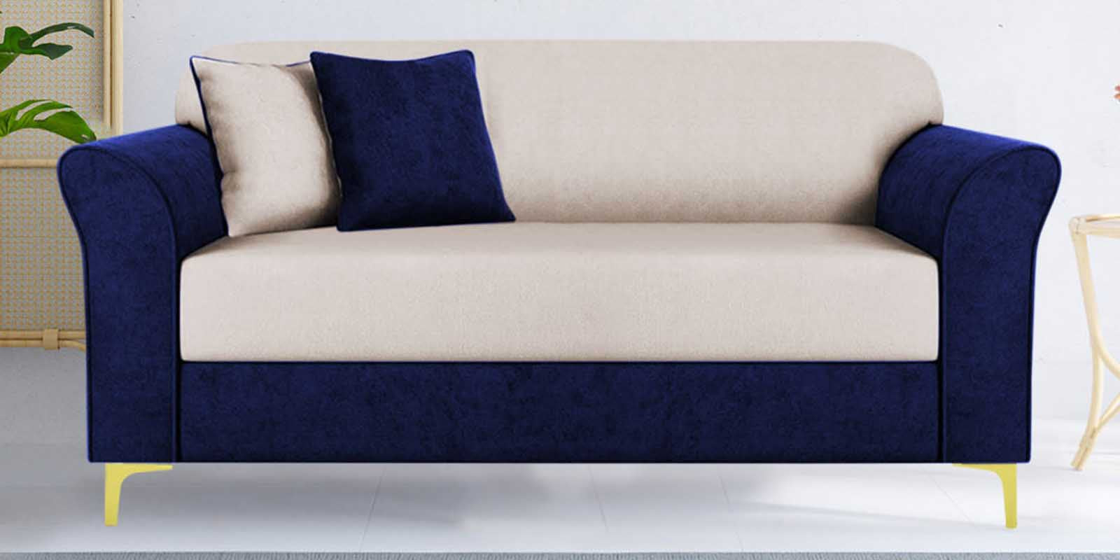 Jordan Velvet 2 Seater Sofa In Imperial Blue And Camel Beige Colour - Febonic Living