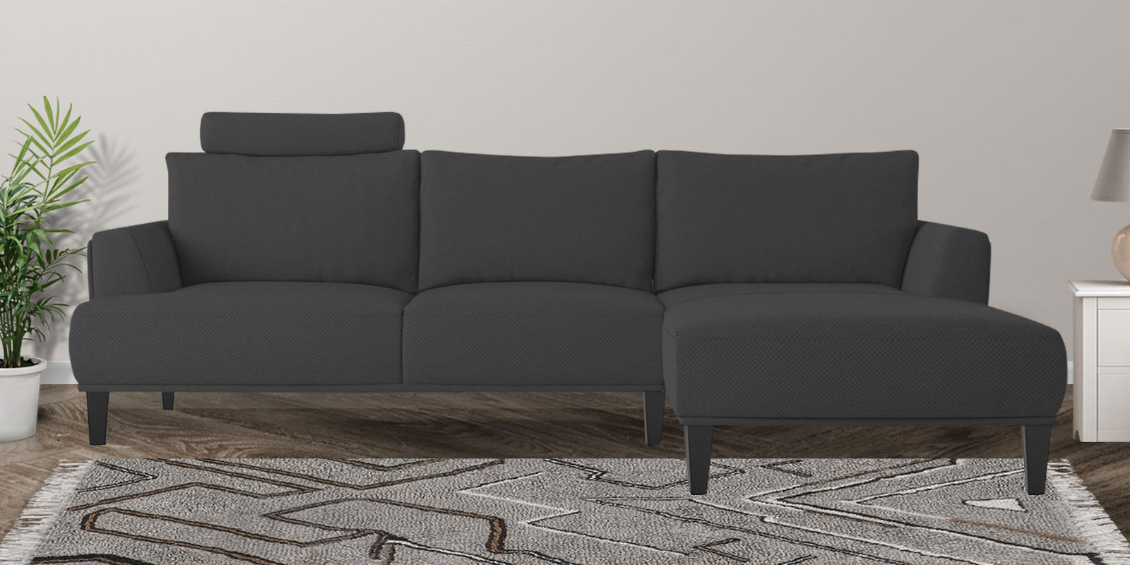 Como Fabric LHS Sectional Sofa (3+Lounger) In Charcoal Grey Colour - Febonic Living
