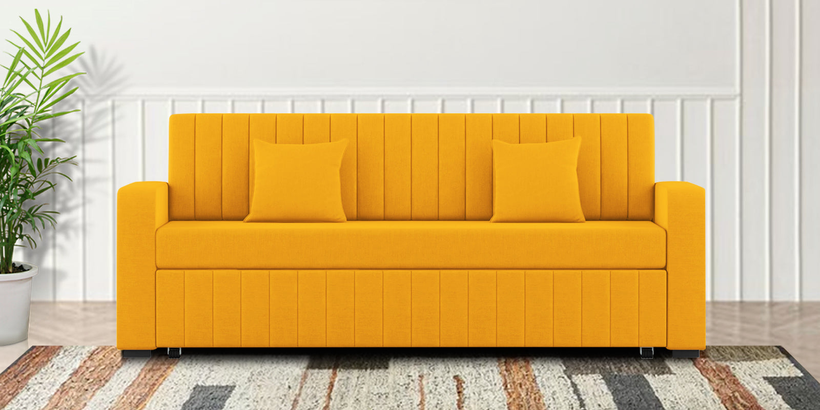 Calra Fabric 3 Seater Pull Out Sofa Cum Bed In Bold Yellow Colour With Storage - Febonic Living