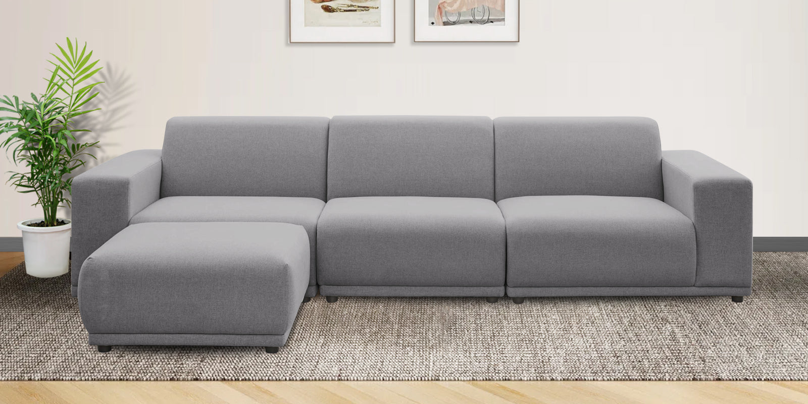 Adam Fabric LHS Sectional Sofa (3+Ottoman Lounger) In Lit Grey Colour - Febonic Living
