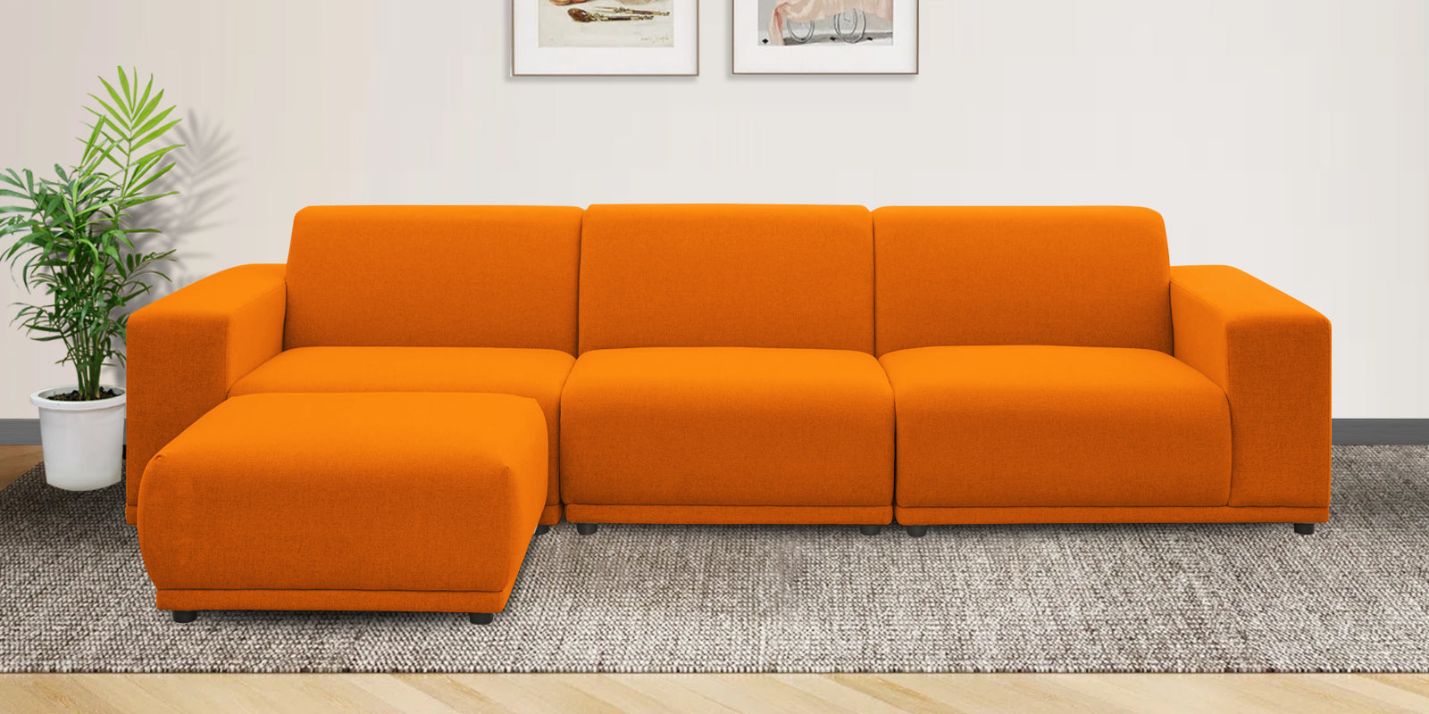 Adam Fabric LHS Sectional Sofa (3+Ottoman Lounger) In Vivid Orange Colour - Febonic Living