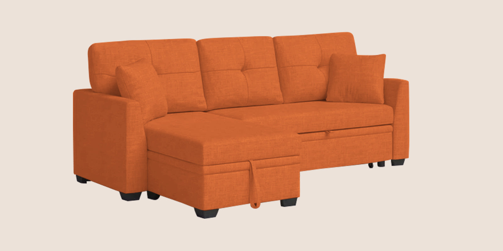 Jody Fabric 3 Seater Pull Out Sofa Cum Bed In Vivid Orange Colour With Storage - Febonic Living
