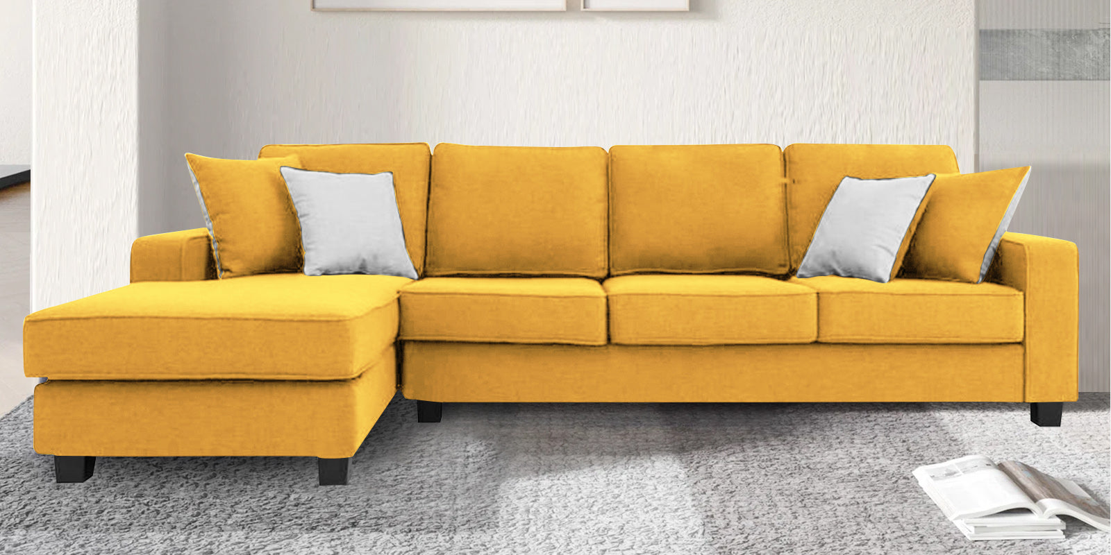 Ladybug Fabric RHS Sectional Sofa (3+Lounger) In Bold Yellow Colour - Febonic Living