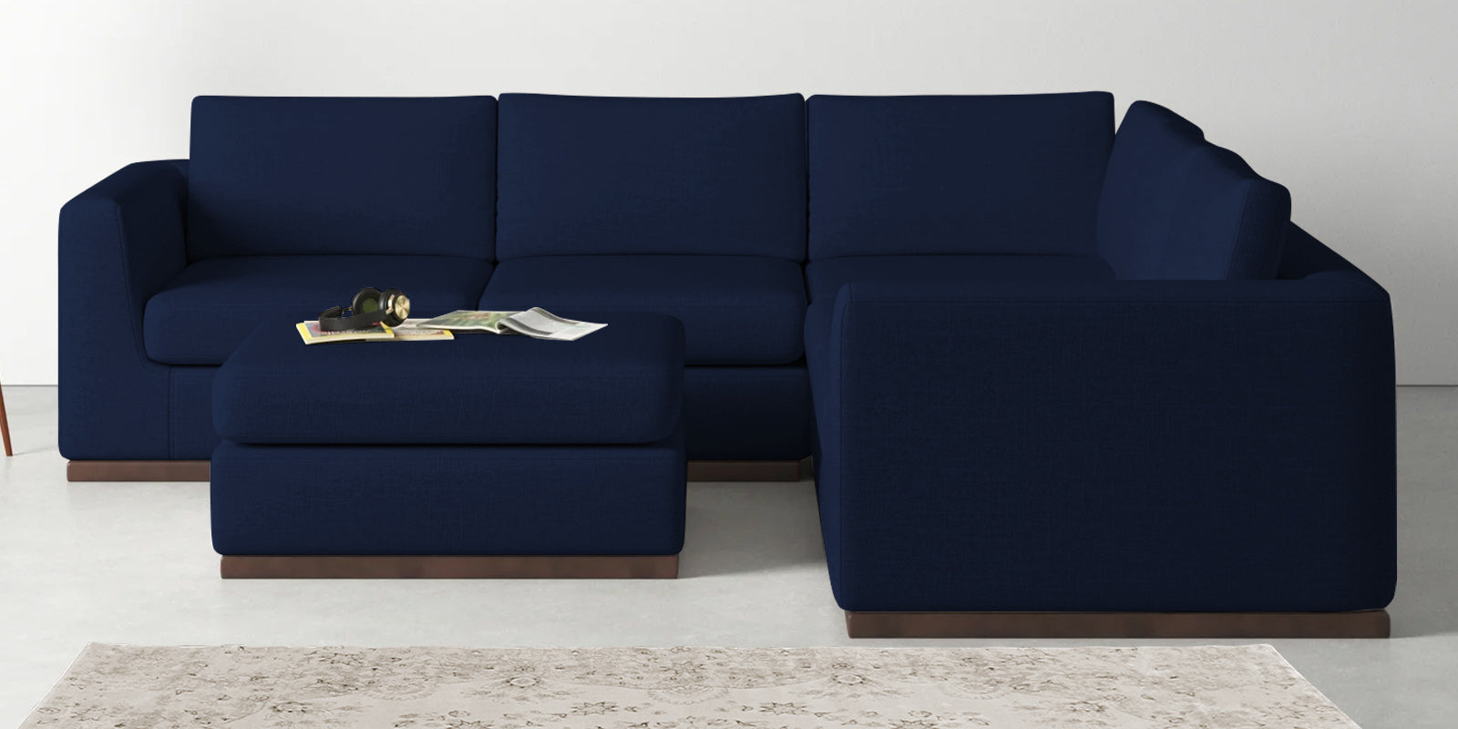 Freedom Velvet 6 Seater RHS Corner Sofa In Indigo Blue Colour With Ottoman - Febonic Living