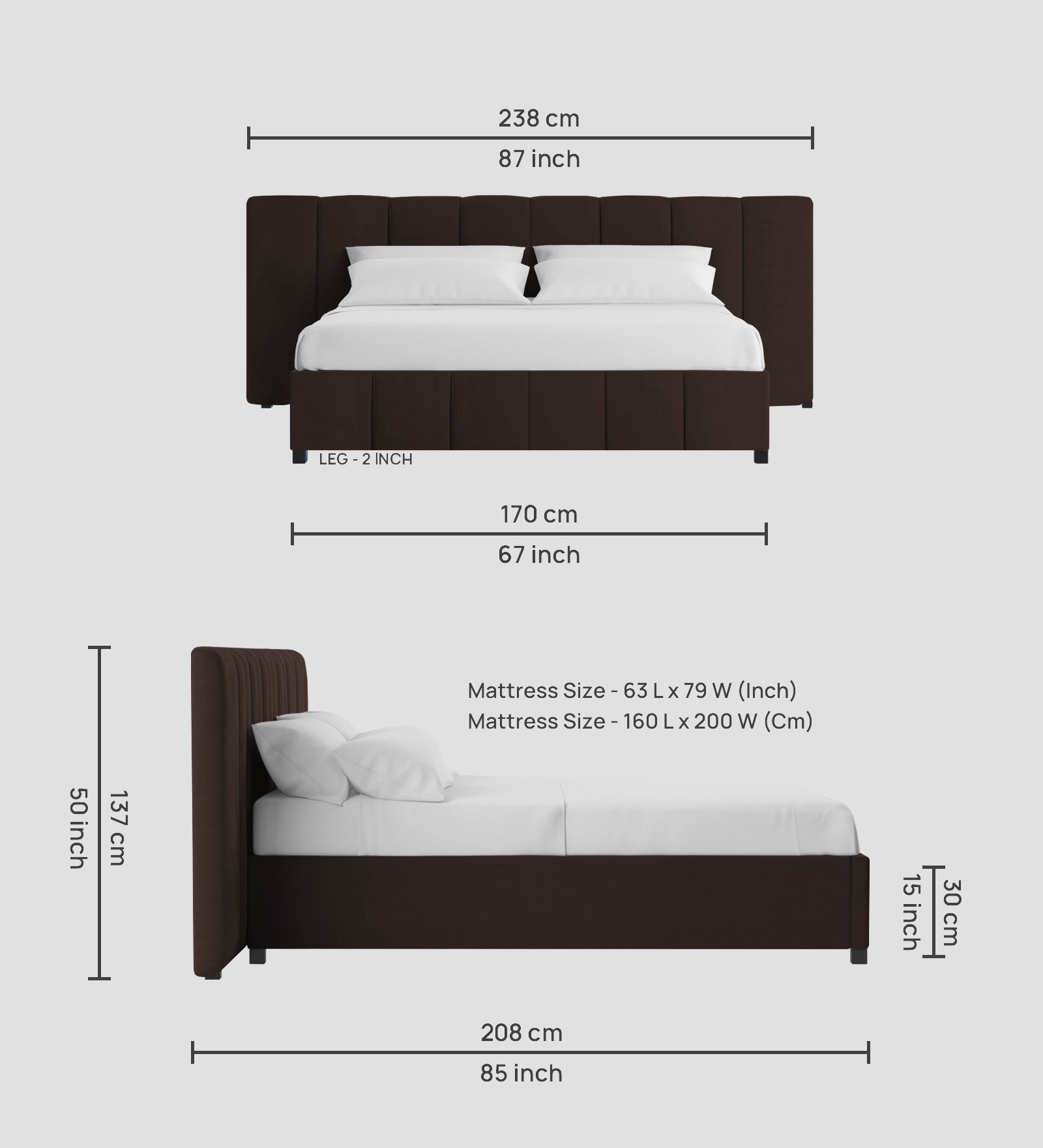 Nora Fabric Queen Size Bed In Coffee Brown Colour With Box Storage