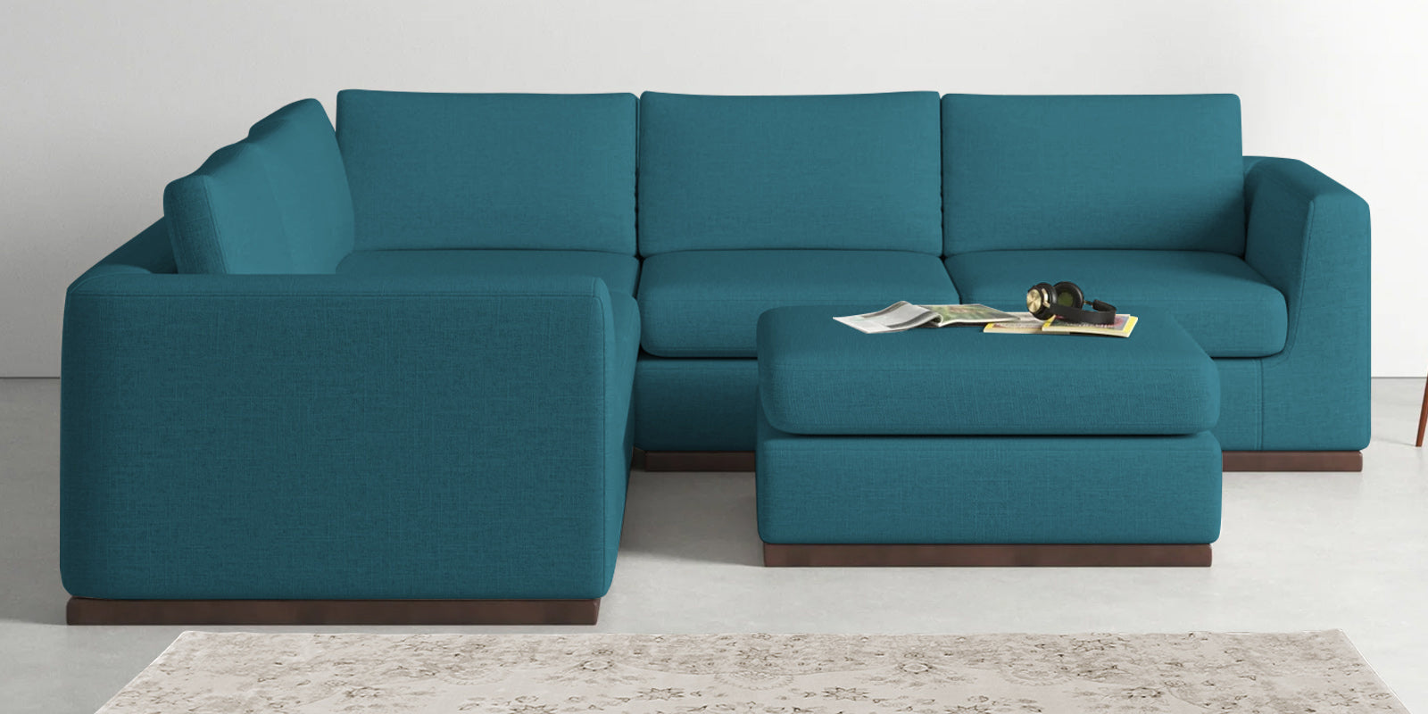 Freedom Velvet 6 Seater LHS Corner Sofa In Aqua Blue Colour With Ottoman - Febonic Living