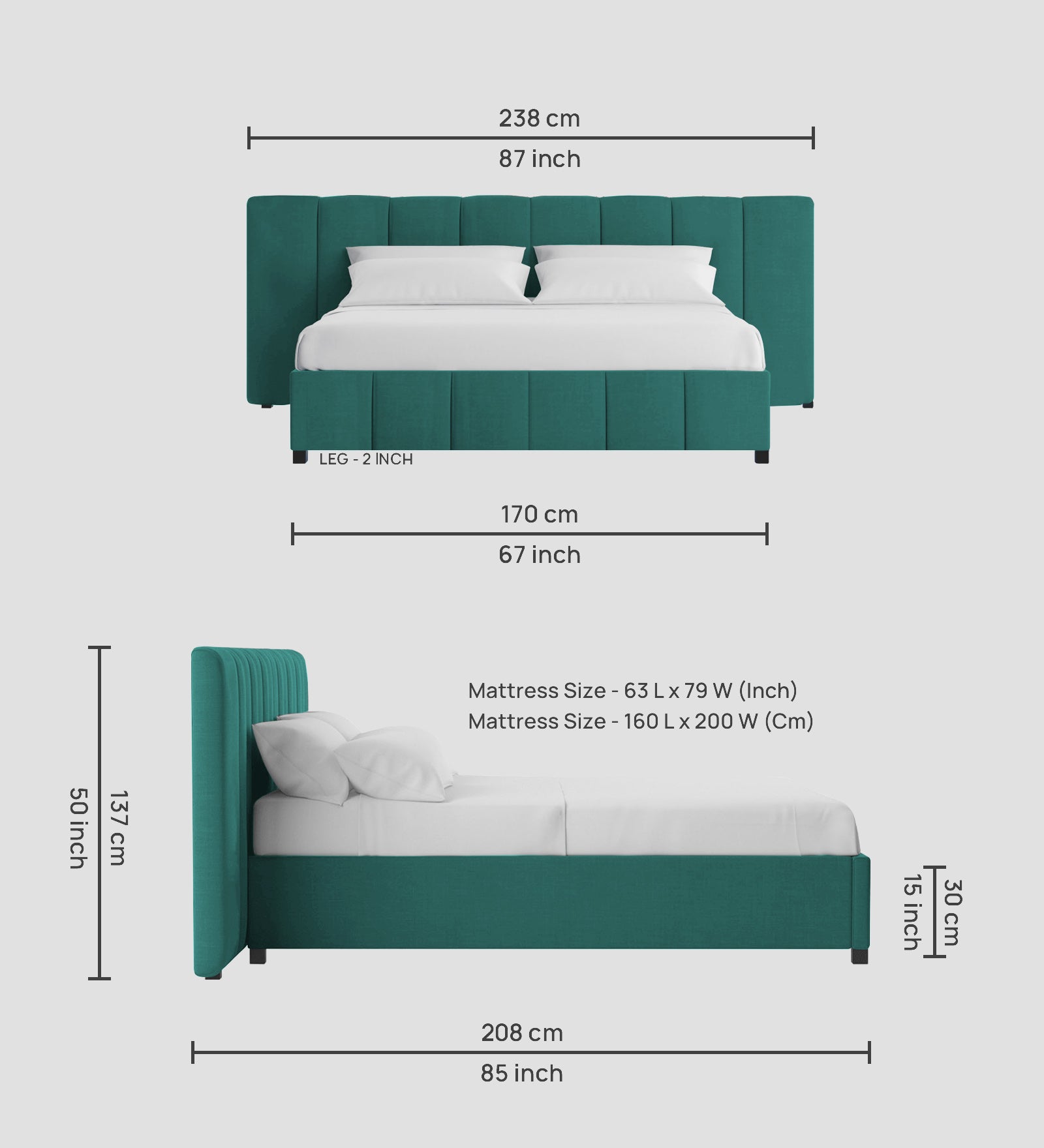 Nora Fabric Queen Size Bed In Sea Green Colour With Box Storage