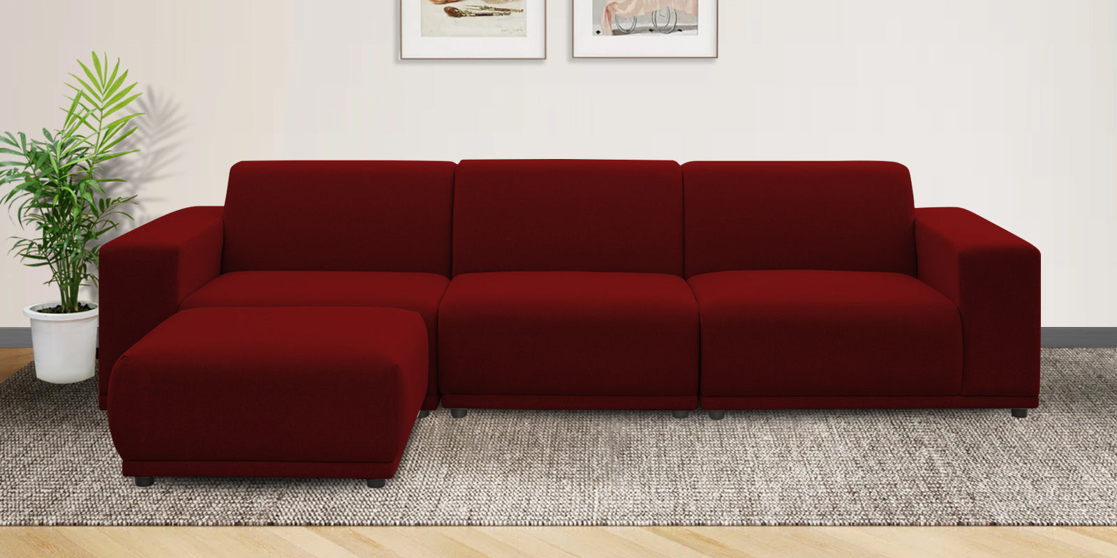 Adam Fabric LHS Sectional Sofa (3+Ottoman Lounger) In Blood Maroon Colour - Febonic Living