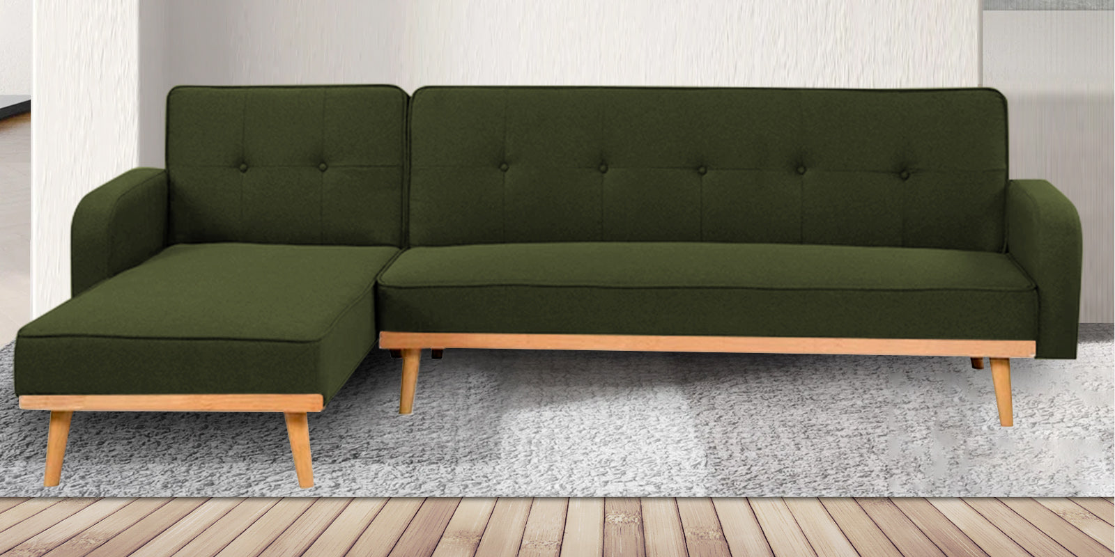 Zuno Fabric RHS Convertible Sofa Cum Bed In Olive Green Colour - Febonic Living