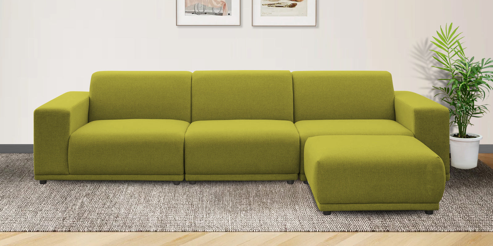 Adam Fabric RHS Sectional Sofa (3+Ottoman Lounger) In Parrot Green Colour - Febonic Living