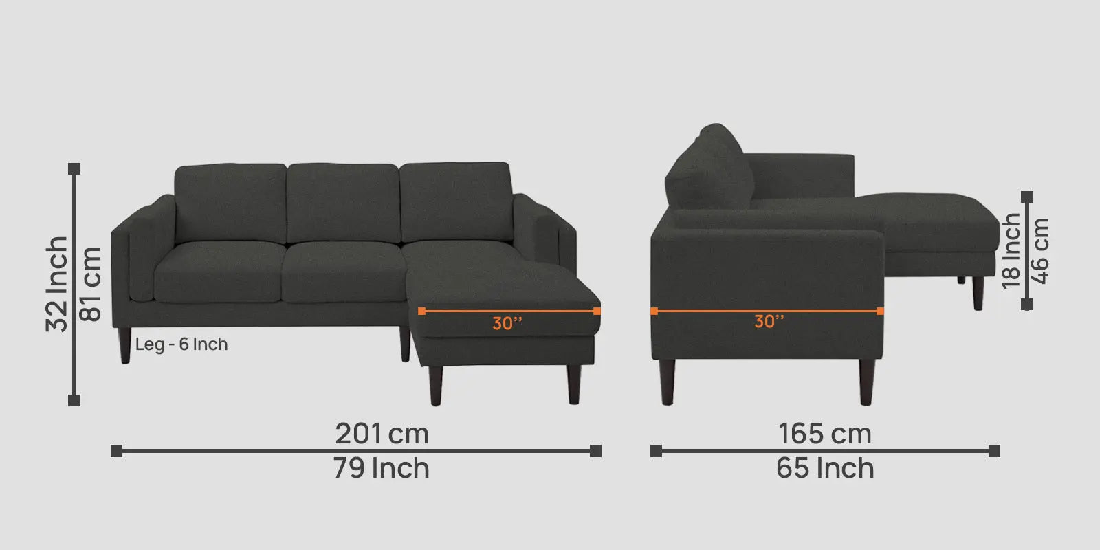 Creata Fabric LHS Sectional Sofa (2+Lounger) In Charcoal Grey Colour Febonic Living