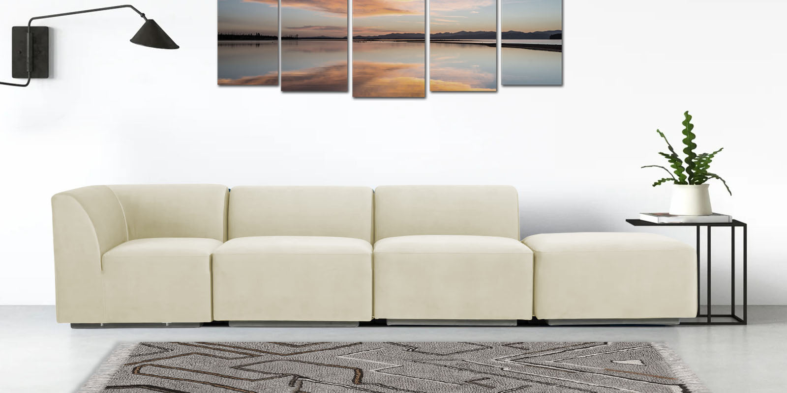 Bufa Velvet RHS Sectional Sofa In Warm White Colour With Ottoman - Febonic Living