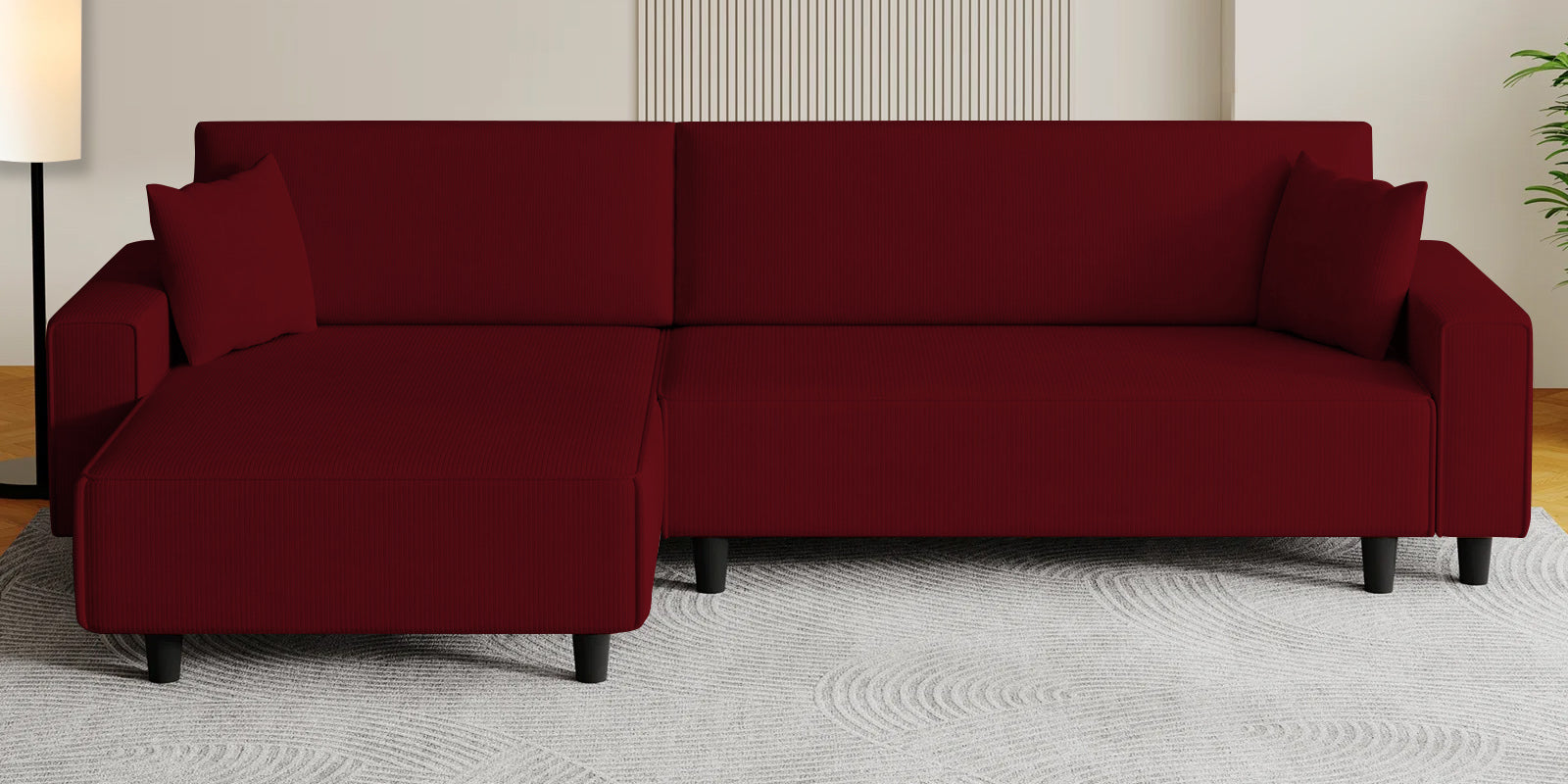 Peach Fabric RHS 6 Seater Sofa Cum Bed With Storage In Ruby Red Colour - Febonic Living