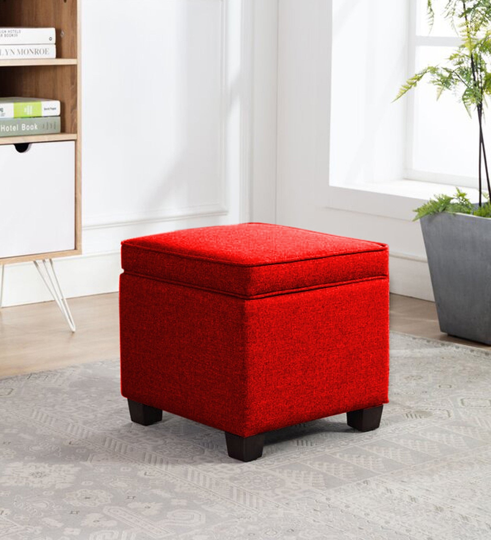 Sudan Fabric Ottoman In Ruby Red Colour With Storage - Febonic Living