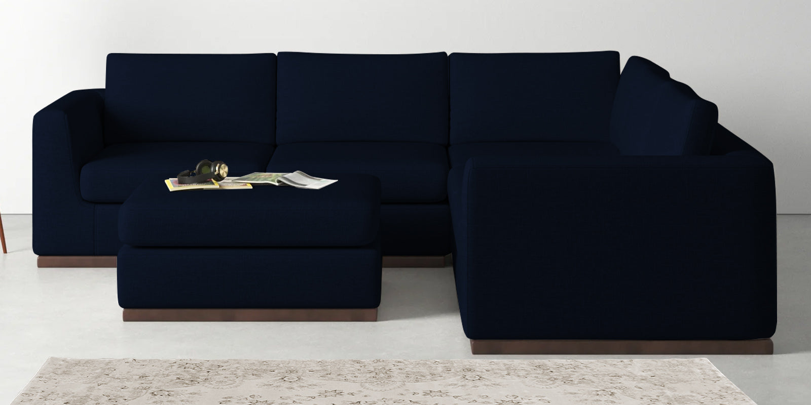Freedom Velvet 6 Seater RHS Corner Sofa In Dark Blue Colour With Ottoman - Febonic Living