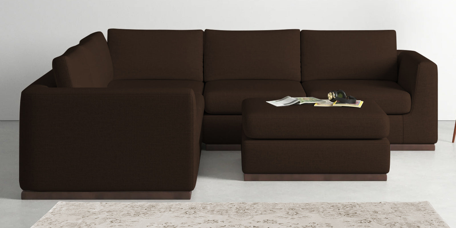 Freedom Velvet 6 Seater LHS Corner Sofa In Cholocate Brown Colour With Ottoman - Febonic Living