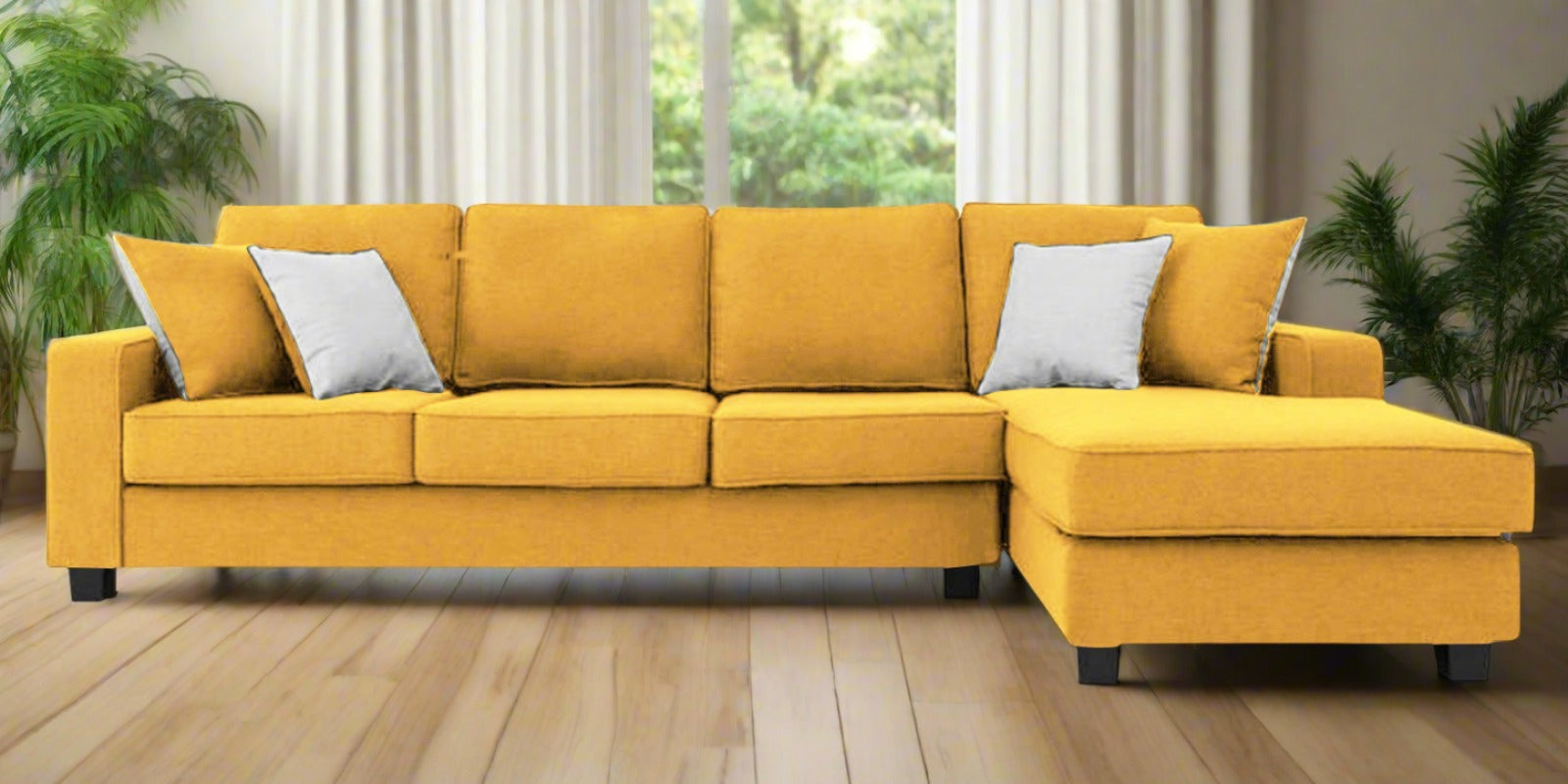 Ladybug Fabric LHS Sectional Sofa (3+Lounger) In Bold Yellow Colour - Febonic Living