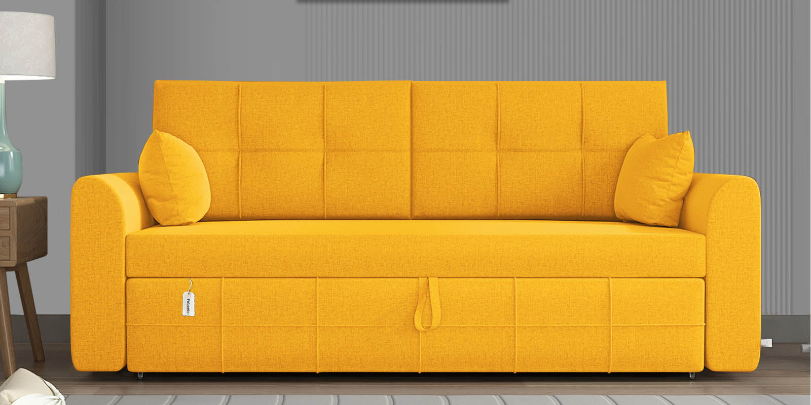 Ines Fabric 3 Seater Pull Out Sofa Cum Bed In Bold Yellow Colour With Storage - Febonic Living