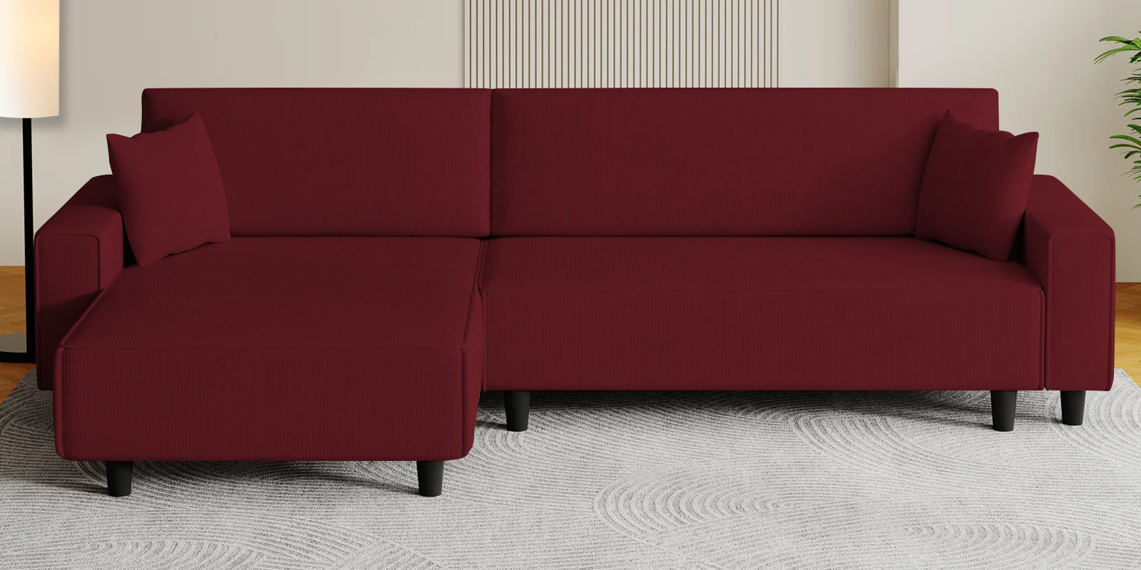 Peach Fabric RHS 6 Seater Sofa Cum Bed With Storage In Blood Maroon Colour - Febonic Living